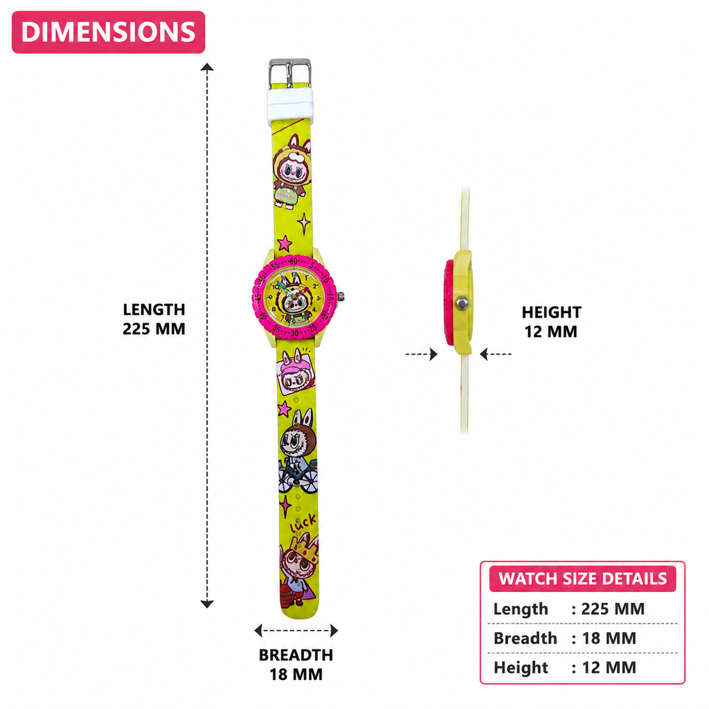 A colorful cartoon watch with a bright yellow strap and pink watch face, shown with dimension callouts indicating 225 mm length, 18 mm width, and 12 mm height on a white background.